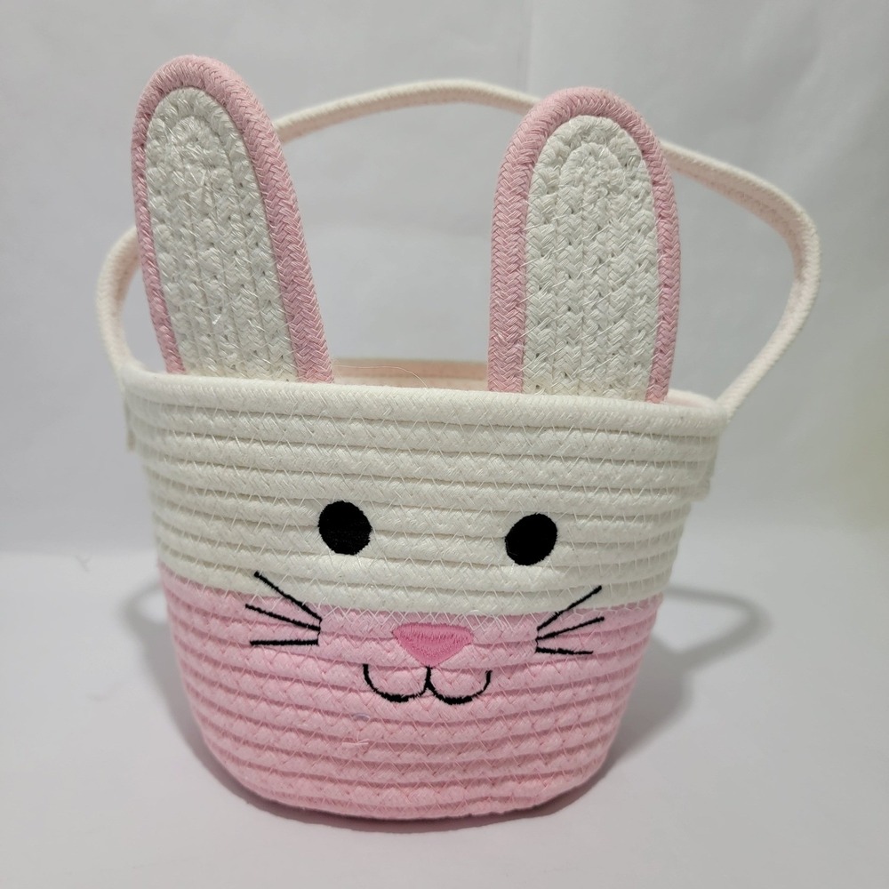 Pink White Bunny Easter Basket Cotton Rope Coiled Storage Tote Rabbit Ears 6in